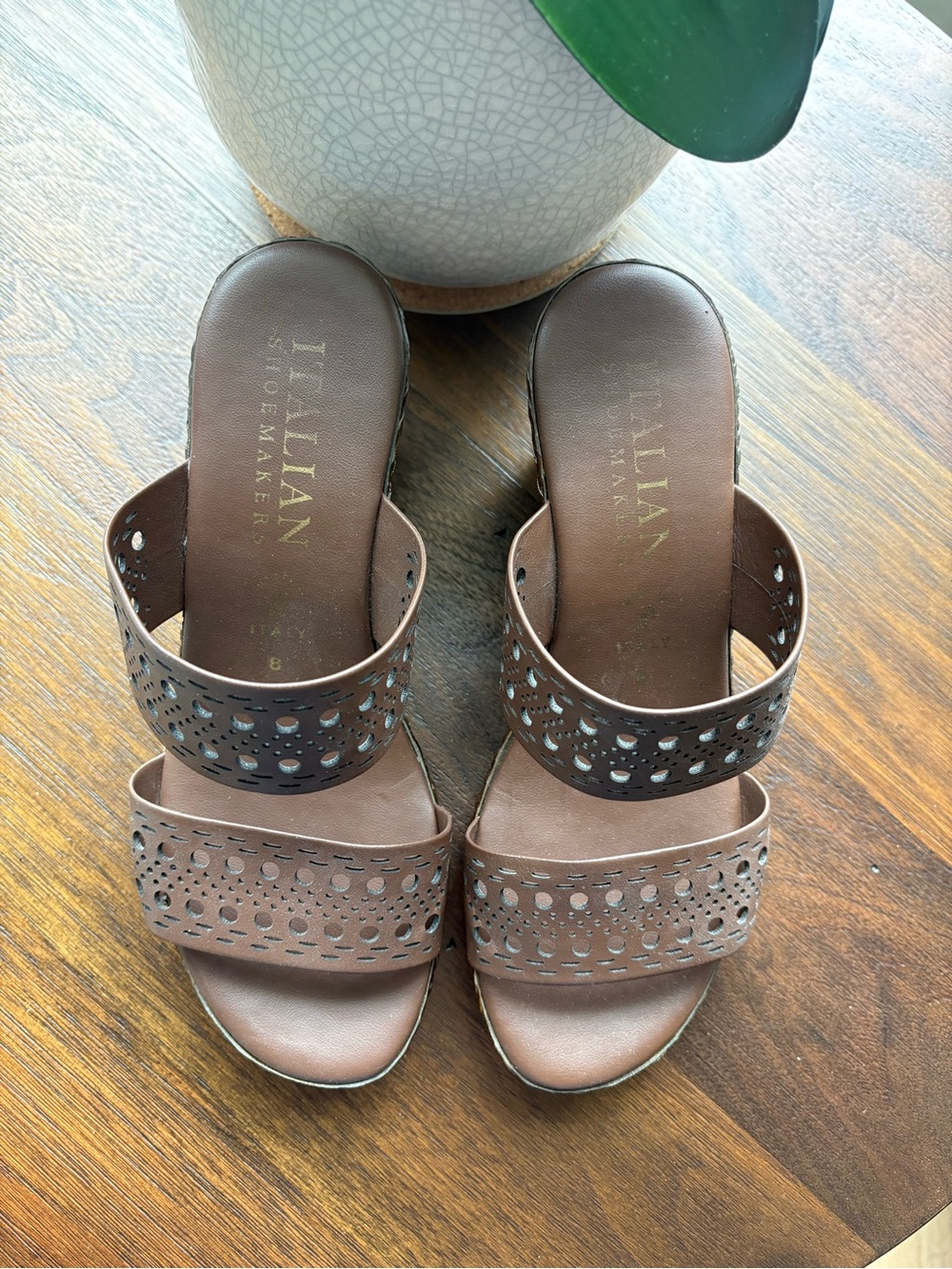 Italian Shoemakers sz 8 Brown Perforated Double-Strap Slide 3” Wedge